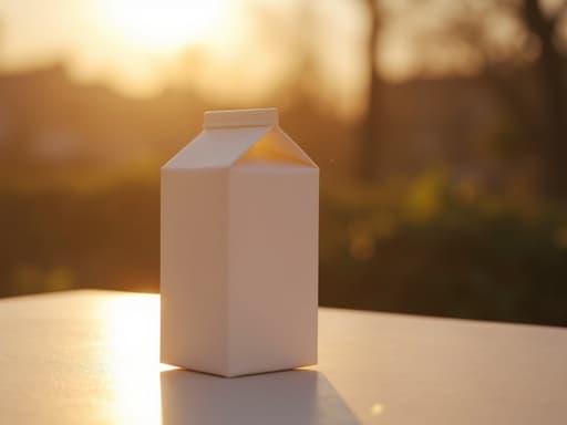우유 팩, 식품, 부드러운 황금빛 일몰 조명, 희미한 자연 배경, 따뜻하고 초대하는
