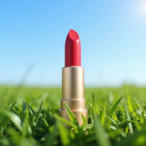 립스틱, 생생한 빨간색, 크리미한 질감, 이미지 중앙에 배치, 맑은 파란 하늘, 무성한 푸른 잔디, 신선하고 쾌활한