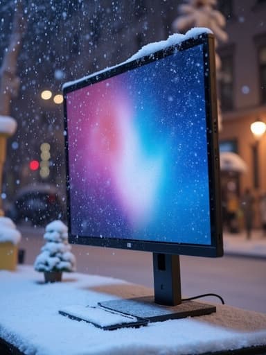 모니터가 평화롭고 아늑한 겨울 분위기의 눈 내리는 거리 풍경에 있습니다.