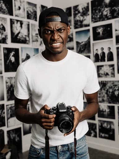 10대 후반의 흑인 남성이 반신 샷으로 촬영되어 있으며, 간편한 티셔츠와 청바지를 입고 있습니다. 그는 카메라를 들고 사진 전시를 위해 집중하며 분노한 표정을 짓고 있습니다. 배경에는 다양한 사진들이 전시된 스튜디오 내부가 보이며, 창의성과 감정의 깊이를 강조하는 분위기를 만들어냅니다.