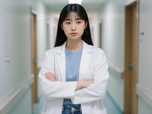 병원 복도에서 의사 복장을 한 아시아계 소녀의 반신 촬영. 슬픈 표정과 손을 앞에 모은 채로 생각에 잠긴 모습이 걱정스러운 감정을 전달하며, 부드러운 간접 조명이 차분하면서도 우울한 분위기를 더합니다.