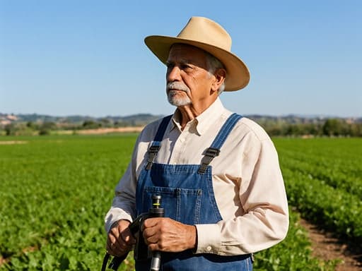 이 이미지는 농부 작업복을 입고 농약 분무기를 들고 있는 60대 라틴계 남성을 보여줍니다. 그의 의기소침한 표정은 책임감의 무게를 반영하며, 푸른 하늘과 푸르른 논밭이 있는 생동감 넘치는 농장 풍경을 배경으로 하고 있습니다.