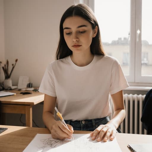 20대 유럽계 여성, 자연스러운 외모를 가진 그녀는 편안한 디자인 티셔츠와 청바지를 입고 창가가 있는 아늑한 디자인 작업실에 앉아 있습니다. 고민하는 표정을 지으며 한 손에는 디자인 스케치를, 다른 손에는 음식을 들고 있어 편안하면서도 창의적인 분위기를 자아냅니다. 부드러운 자연광이 공간을 밝혀줍니다.