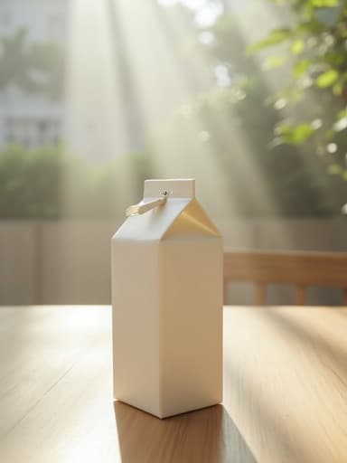 중앙에 우유 팩, 부드러운 질감, 미세한 반사, 안개가 자욱한 아침 배경, 확산된 자연광, 부드러운 그림자, 선명한 모서리, 평화롭고 차분한