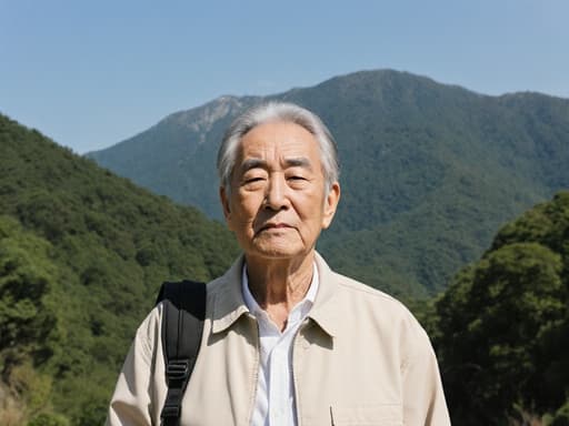 60대 한국 남성이 반신 촬영된 모습으로, 가벼운 재킷과 운동화를 입고 자연스러운 외모를 가지고 있습니다. 그는 명상 중 불만스러운 표정을 짓고 있으며, 어깨에는 명상용 가방이 메어져 있습니다. 배경은 아름다운 산의 풍경과 푸른 나무, 맑은 하늘로 구성되어 있어 전체적인 고요함과 심사숙고의 느낌을 더해줍니다.
