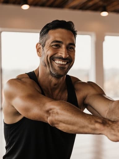 40대 건강한 외모의 라틴계 남성이 편안한 요가복을 입고 한쪽 팔을 쭉 뻗어 행복하게 스트레칭하는 모습이 부드러운 조명으로 가득한 아름다운 요가 스튜디오에서 촬영된 반신 사진입니다. 아늑하고 평화로운 분위기를 연출합니다.