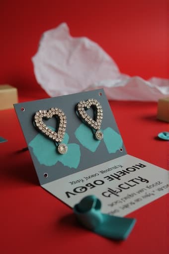 매혹적인 디자인의 귀걸이가 매끄러운 빨간 표면 위에 우아하게 놓여 있으며, 반짝이는 보석과 섬세한 디테일이 돋보입니다. 배경의 생생한 색상이 귀걸이를 보완하여 고급스러움과 세련됨을 전달합니다.