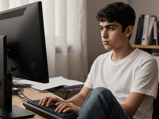 중동계 10대 초반 남성이 책상에 앉아 있는 반신 사진입니다. 짧은 머리와 자연스러운 외모를 가진 그는 편안한 티셔츠와 청바지를 입고 있으며, 스트레스를 받은 듯한 표정을 짓고 있습니다. 눈썹을 찌푸리고 입술을 굳게 다물고 있으며, 다리를 교차한 채 손은 컴퓨터 키보드 위에 두고 있습니다. 배경에는 컴퓨터 모니터와 흩어져 있는 서류들이 있어 그의 감정 상태를 강조하는 현실적이고 공감할 수 있는 환경을 만들어냅니다.