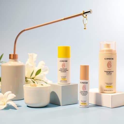 부드럽게 조명이 비치는 표면 위에 우아하게 놓인 피부 관리 로션이 들어 있는 깨끗한 흰색 상자. 로션 병이 슬쩍 보이며 세련된 디자인을 보여줍니다. 배경은 부드러운 파스텔 색상의 조화로, 제품의 매력을 높이는 평온한 분위기를 만들어냅니다.