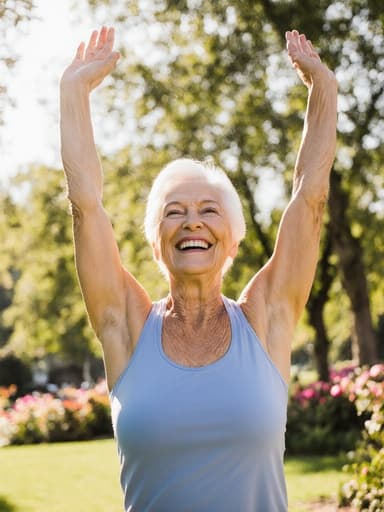이 이미지는 70대 유럽계 여성의 모습으로, 편안한 운동복을 입고 행복하게 미소 지으며 두 팔을 하늘로 쭉 뻗고 있는 모습을 담고 있습니다. 햇살이 비치는 공원에는 나무와 꽃들이 어우러져 있어 즐거움과 활력이 넘치는 초대형 야외 환경을 전하고 있습니다.