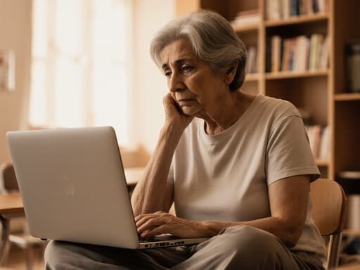 60대 중동계 여성이 편안한 티셔츠와 바지를 입고, 온라인 강의실의 따뜻한 조명 아래에서 크로스 레그로 앉아 노트북을 바라보며 슬픈 표정을 짓고 있는 모습의 반신 사진입니다. 배경에는 책장과 학습 자료들이 있습니다.