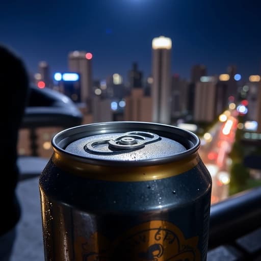 도시의 아름다운 야경을 배경으로 한 금속 표면과 미세한 응결 현상이 있는 음료 캔의 클로즈업.