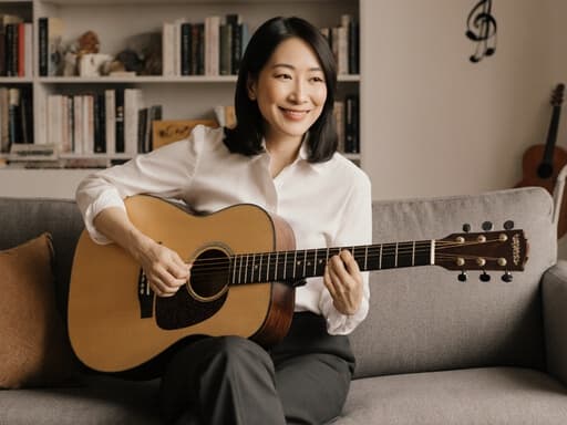 40대 아시아계 여성이 세련된 블라우스와 슬랙스를 입고 아늑한 거실에서 크로스 레그로 앉아 기타를 연주하며 자신감 있는 미소를 짓고 있습니다. 편안한 소파와 음악 관련 장식이 있는 책장이 조화롭게 어우러져 따뜻한 분위기를 만들어냅니다.