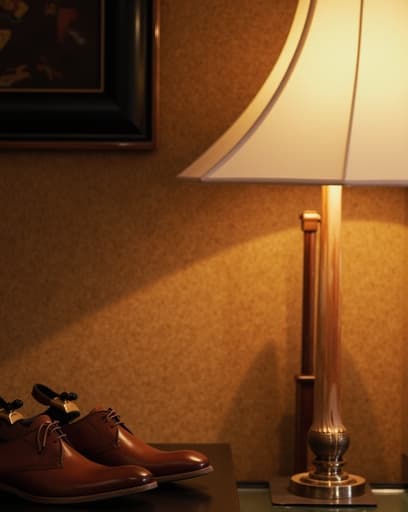 고급스러운 갈색 드레스 슈즈 한 켤레가 세련된 신발 매장의 광택 있는 나무 표면에 prominently 전시되어 있습니다. 부드러운 조명이 가죽의 풍부한 질감을 강조하며, 배경의 우아한 장식이 세련된 쇼핑 경험을 암시합니다.