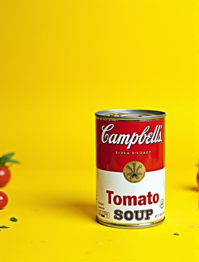 토마토 수프 한 캔이 소박한 주방 조리대 위에 두드러지게 놓여 있으며, 신선한 토마토와 바질로 둘러싸여 있습니다. 캔은 맛있고 풍부한 토마토 수프를 보여주는 생동감 있는 라벨을 가지고 있으며, 부드럽고 자연스러운 빛이 장면에 스며들어 아늑한 분위기를 더욱 강조합니다.