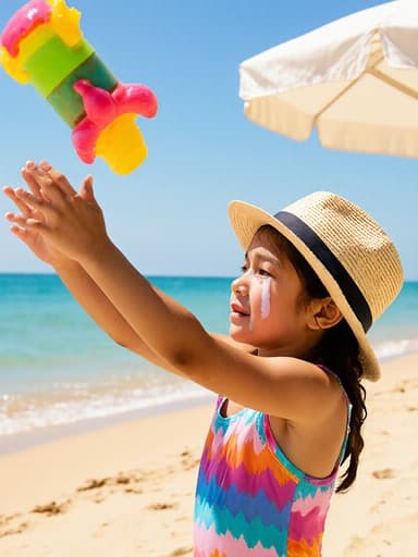 자연스러운 외모의 7세 라틴계 소녀가 스타일리시한 수영복과 모자를 착용하고, 물놀이 장난감을 만지며 자연스럽게 스트레칭하고 있는 전신 사진입니다. 그녀의 얼굴에는 울고 있는 표정이 있습니다. 해변의 파라솔과 부드러운 모래사장이 어우러져 여름의 분위기를 더욱 강조하며, 어린 시절의 감정이 담긴 순간을 포착합니다.