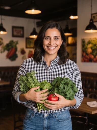 30대 라틴계 여성의 반신 사진으로, 자연스러운 외모를 가진 그녀는 편안한 농부 스타일의 체크무늬 셔츠와 청바지를 입고 있습니다. 그녀는 밝고 긍정적인 표정으로 신선한 농산물(채소나 과일)을 들고 기분 좋은 포즈를 취하고 있습니다. 배경은 따뜻한 분위기의 카페 내부로, 벽에 농산물 관련 장식이 있어 아늑하고 초대하는 느낌을 줍니다.