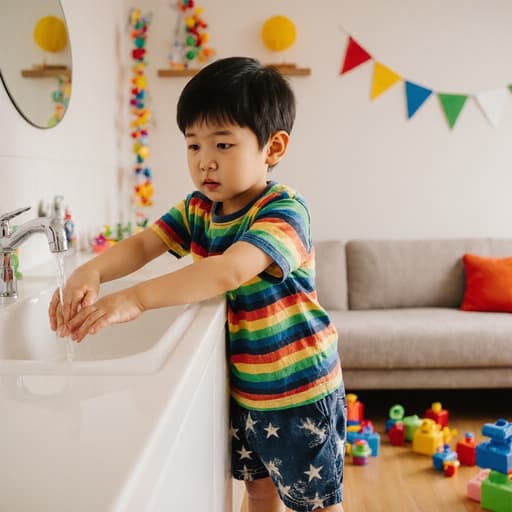 밝고 아기자기한 거실에서 장난감과 소파가 있는 배경 속에 색색의 캐주얼 티셔츠와 반바지를 착용한 귀여운 3세 동양인 남성이 손을 씻기 위해 세면대 쪽으로 팔을 뻗으며 짜증난 표정을 짓고 있는 모습의 반신 사진입니다.