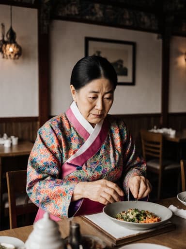 화사한 한복을 입고 전통 음식을 준비하고 있는 70대 한국인 여성의 반신 사진. 피곤하지만 만족스러운 표정으로 아늑한 카페에서 한국 문화의 요소들이 배치된 환경에서 재료를 다루고 있습니다.