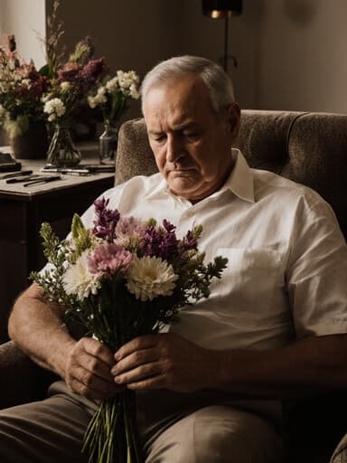 이 이미지는 아늑한 거실의 소파에 앉아 있는 60대 백인 남성을 담고 있습니다. 그는 꽃다발을 만지작거리며 우울한 표정을 짓고 있으며, 테이블 위에는 꽃꽂이 도구들이 흩어져 있어 따뜻하면서도 내성적인 분위기를 만들어냅니다.