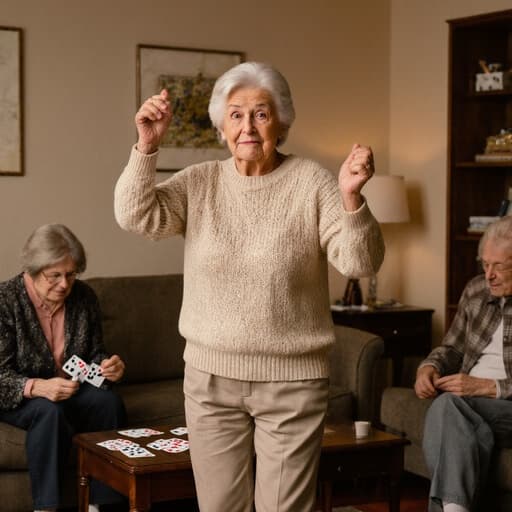 70대 유럽계 여성이 반신 촬영으로 포착되었습니다. 그녀는 편안한 니트 스웨터와 여유로운 바지를 입고 있으며, 자연스러운 외모에 걱정스러운 표정을 지으며 카드 게임을 하는 친구들과 함께 아늑한 거실에서 춤추는 자세를 하고 있습니다. 소파와 커피 테이블이 따뜻한 분위기를 잘 표현하고 있습니다.