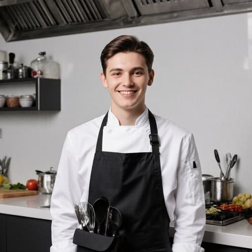 깨끗한 주방에서 조리 도구가 담긴 가방을 어깨에 메고 자신감 있는 미소를 지으며 서 있는 10대 후반의 유럽계 남성. 그는 흰색 셰프 복과 검정색 앞치마를 입고 있으며, 다양한 요리 재료로 가득한 조리대에 둘러싸여 요리를 시작할 준비가 되어 있습니다.