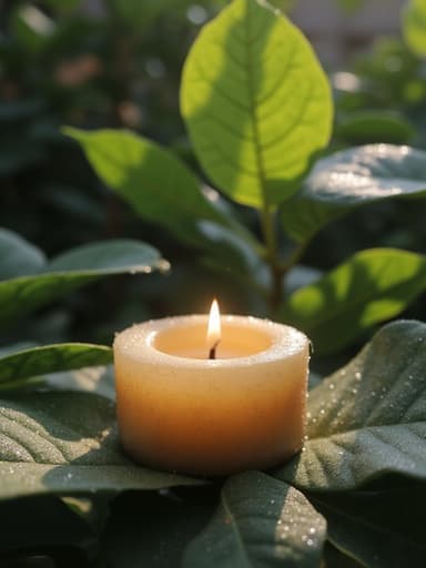 이슬이 맺힌 푸르른 정원에 있는 티라이트 캔들, 자연의 아침 빛으로 편안한 분위기를 연출합니다.