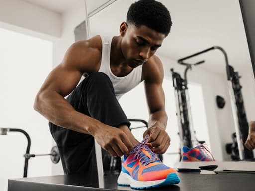 10대 후반의 혼혈 남성이 편안한 스포츠 의상과 세련된 운동화를 착용하고 있는 반신 샷을 촬영했습니다. 그는 깔끔한 거울 앞에 앉아 한 발을 들어 올리며 운동화를 묶고 있으며, 피곤하지만 집중한 표정을 짓고 있습니다. 배경은 다양한 운동 용품이 정돈된 실내 공간으로, 헌신적인 운동 생활의 분위기를 만들어냅니다.