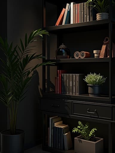 세련된 검정 선반이 현대적인 거실의 중심에 자리 잡고 있습니다. 선반에는 정돈된 책, 화분, 장식품이 배치되어 있어 다기능성을 보여줍니다. 부드러운 조명이 공간을 밝혀 따뜻하고 아늑한 분위기를 만들어냅니다.