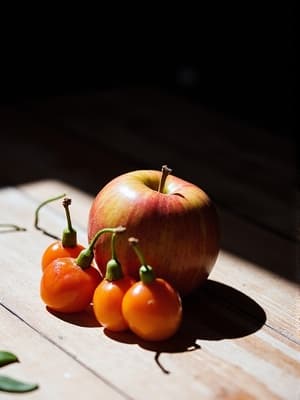 작은 밝은 오렌지색 사과가 러스틱한 나무 테이블 위에 놓여 있으며, 부드러운 자연광에 비춰지고 있다. 사과의 매끄러운 피부가 반짝이며 그 즙이 풍부함을 보여준다. 주변에는 푸르른 잎사귀와 몇 가지 다른 과일들이 있어 생동감 넘치고 초대하는 분위기를 연출하고 있다.