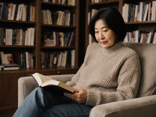 50대 한국인 여성의 반신 촬영으로, 편안한 니트 스웨터와 청바지를 입고 소파에 앉아 책을 읽고 있는 모습입니다. 배경은 책이 가득한 조용한 서재로, 집중과 평화로운 분위기를 더하고 있습니다.