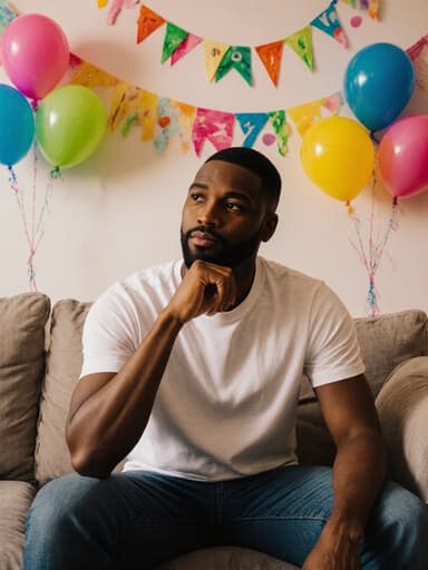 30대 흑인 남성이 캐주얼 복장을 하고 소파에 앉아 생일 파티 풍선과 장식으로 가득 찬 화려한 거실에서 턱을 괴고 깊은 생각에 잠긴 표정을 짓고 있는 모습이 축제 분위기 속에서 사색적인 느낌을 자아냅니다.