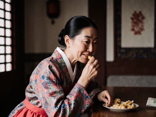 50대 아시아계 여성이 전통 한복을 입고 약간 피곤한 표정이지만 부드러운 미소를 짓고 있는 반신 촬영. 한 손으로 음식을 먹으며 다른 손으로 식탁에 기대고 있으며, 따뜻한 분위기의 전통 한의원이 배경으로 어우러져 아늑하고 진정성이 느껴지는 장면을 만들어냅니다.