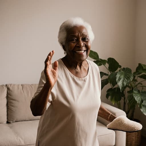 80대 아프리카계 여성이 편안한 원피스와 슬리퍼를 입고 고마운 미소를 지으며 손을 흔들며 춤추고 있는 모습의 반신 사진, 아늑한 거실 소파와 식물로 가득 찬 공간에서 따뜻함과 행복을 발산하고 있습니다.