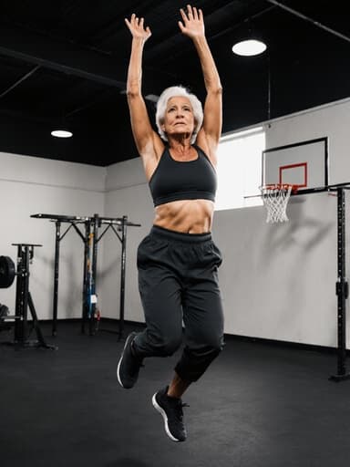 60대 혼혈 여성의 전신 샷이 담겨 있으며, 높은 점프 자세를 취하고 있습니다. 스포츠 브라와 트레이닝 팬츠를 착용하고 있으며, 스트레스가 느껴지는 표정입니다. 배경은 농구대와 운동기구가 있는 실내 스포츠 시설로, 역동적이고 영감을 주는 장면을 만들어냅니다.