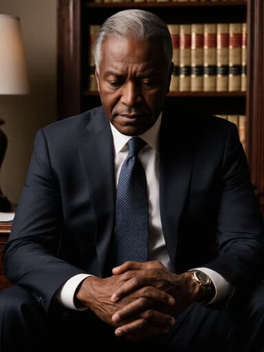 50대 아프리카계 남성이 정장과 넥타이를 착용하고 법률 상담실에 앉아 있는 반신 사진. 그는 불안한 표정을 짓고 있으며, 손은 무릎 위에 두고 고개를 약간 숙이고 있습니다. 배경에는 잘 정리된 법률 서적들이 있는 책장이 있습니다.