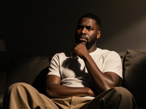 30대 흑인 남성이 아늑한 거실의 소파에 앉아 자연스럽게 촬영된 반신 촬영입니다. 그는 편안한 티셔츠와 작업용 바지를 입고 있으며, 걱정스러운 표정으로 턱에 손을 대고 생각에 잠겨 있습니다. 어두운 색상의 벽이 아늑한 분위기를 만들어냅니다.