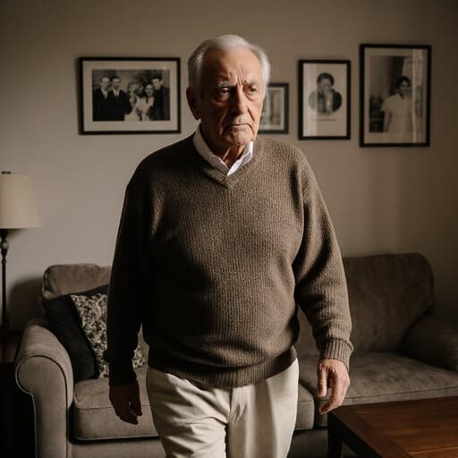 아늑한 거실 환경에서 편안한 니트 스웨터와 면바지를 입은 80대 혼혈 남성의 반신 사진입니다. 그는 걱정스러운 표정을 지으며 천천히 걷고, 가끔 주위를 바라보는 모습으로, 가족 사진과 소파가 배경에 있어 친밀한 분위기를 자아냅니다.