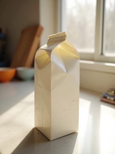 우유 팩, 밝은 실내 주방에서 자연광, 따뜻하고 초대하는