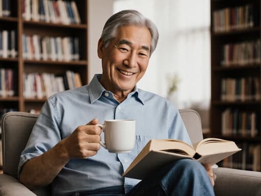 50대 아시아계 남성이 캐주얼한 셔츠와 청바지를 입고, 한 손에 커피 컵을 들고 다른 손으로 책을 살펴보며 편안한 미소를 짓고 있는 반신 샷입니다. 배경에는 조용한 도서관의 책장이 있어 아늑하고 초대하는 분위기를 연출합니다.