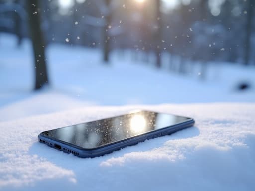 눈에 덮인 표면 위의 스마트폰, 주변으로 내리는 눈송이, 배경의 흐릿한 겨울 풍경, 평화롭고 고요한 분위기.
