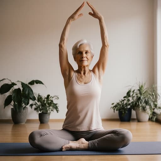 편안한 요가복을 입고 조명이 은은한 요가 스튜디오에서 부드럽게 스트레칭하고 있는 60대 백인 여성의 반신 사진으로, 평온함과 고급스러움을 표현하고 있습니다.