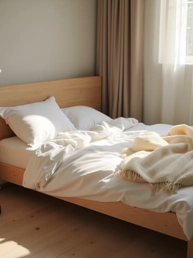 자연 섬유로 된 부드러운 침대 시트가 있는 나무 프레임의 싱글 침대가 오후 햇살이 창문을 통해 쏟아져 들어오는 배경 속에 위치하고, 따스한 광채와 바닥에 드리워진 그림자로 아늑한 분위기를 자아냅니다.