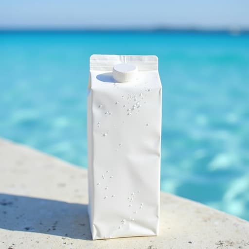 우유 팩, 식품, 여름의 푸른 바다, 맑은 물, 부드러운 파도, 밝고 따뜻하며 초대하는
