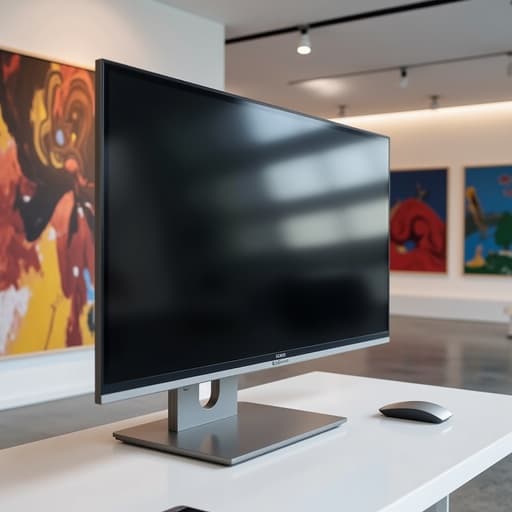 현대적인 아트 갤러리에 위치한 초현대 모니터, 밝고 영감을 주는 분위기.