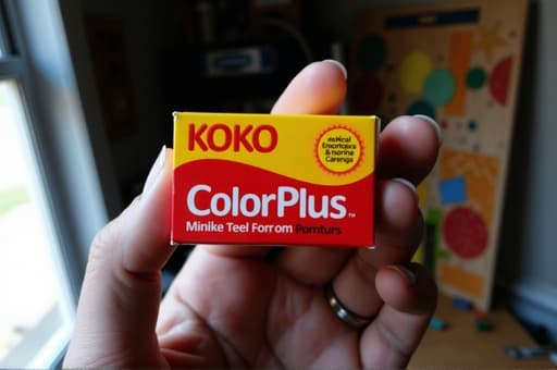 한 사람이 Koko Color Plus 상자를 들고 있으며, 그 상자의 생생한 색상을 자랑하고 있습니다. 그 사람은 즐거운 표정을 짓고 있으며, 밝은 아트 스튜디오에서 예술적인 분위기 속에 다양한 작품과 아트 용품이 흩어져 있습니다.