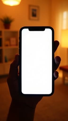 한 사람이 현대적인 밝은 거실에서 큰 흰색 화면을 가진 슬림한 휴대전화를 들고 있습니다. 부드러운 자연광이 전화기의 고해상도 디스플레이를 강조하여 밝고 초대하는 분위기를 만들어냅니다.