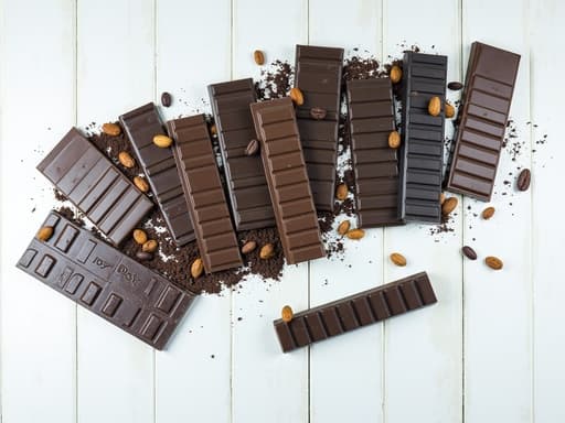 다양한 맛의 초콜릿 바들이 아름답게 배열되어 있는 모습이 rustic한 나무 테이블 위에 놓여 있습니다. 부드러운 자연광이 초콜릿의 풍부한 질감과 광택을 강조하며, 주변에 코코아 빈과 견과류가 흩어져 시각적인 매력을 더합니다.