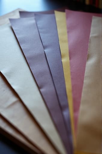 다양한 색상의 고급 질감 종이가 잘 정돈된 묶음으로 나무 책상 위에 놓여 있습니다. 창문으로 들어오는 따뜻한 자연광이 부드러운 분위기를 만들어 종이의 질감을 강조합니다. 배경에는 책으로 가득 찬 흐릿한 책장이 아늑한 홈 오피스 분위기를 더합니다.