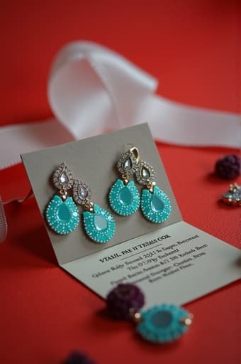 우아한 디자인의 반짝이는 보석이 특징인 귀걸이 한 쌍이 생동감 넘치는 빨간 표면 위에 놓여져 있어 그 아름다움을 강조합니다. 귀걸이는 수공예로 제작되었으며 가벼워서 일상적인 자리와 공식적인 자리 모두에 완벽합니다.